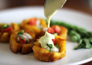 Tostones with pico de gallo and Hatch chile sauce - HilahCooking
