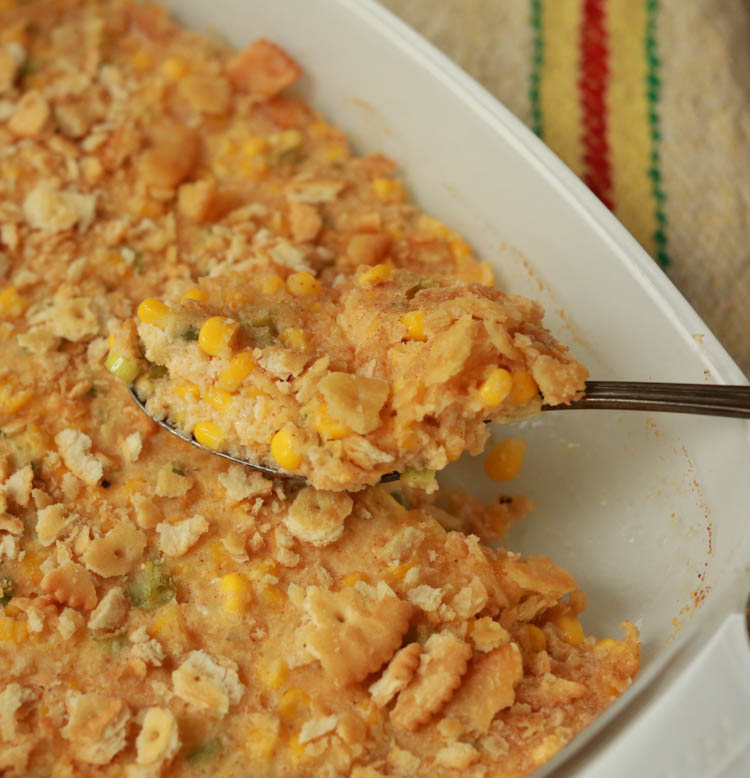 corn casserole with cream cheese and ritz cracker topping