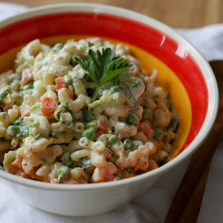 old fashioned macaroni salad with black olives