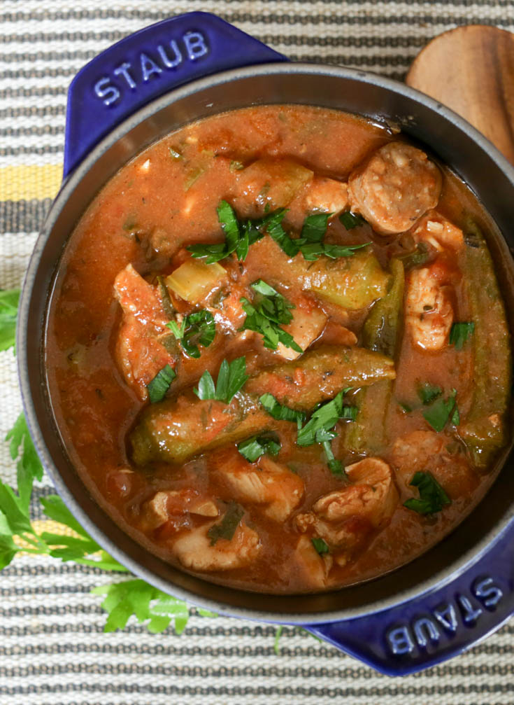 Cheater's quick chicken and sausage gumbo for when you want the real thing but you don't have all day. This easy gumbo goes great with rice or cornbread or on its own for a one-pot meal. Use fresh or frozen okra, chicken and sausage