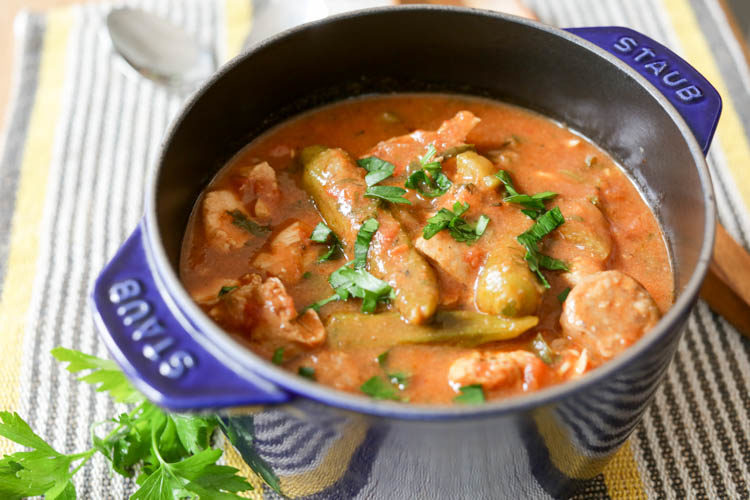 Cheater's quick chicken and sausage gumbo for when you want the real thing but you don't have all day. This easy gumbo goes great with rice or cornbread or on its own for a one-pot meal. Use fresh or frozen okra, chicken and sausage