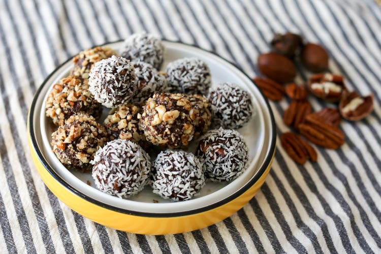 Healthy-ish no-cook German Chocolate Truffles are sweetened with only maple syrup and are full of good coconut oil, pecans and cocoa powder