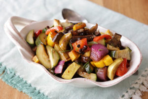 Caponata salad is a marinated roasted vegetables salad with balsamic vinegar, olive oil, garlic, rosemary and a little sweetness from dried currants