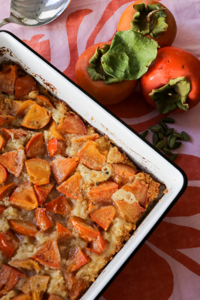 Persimmon cobbler with fresh ground cardamom is a perfect fall dessert. Use Fuyu persimmons in this recipe 