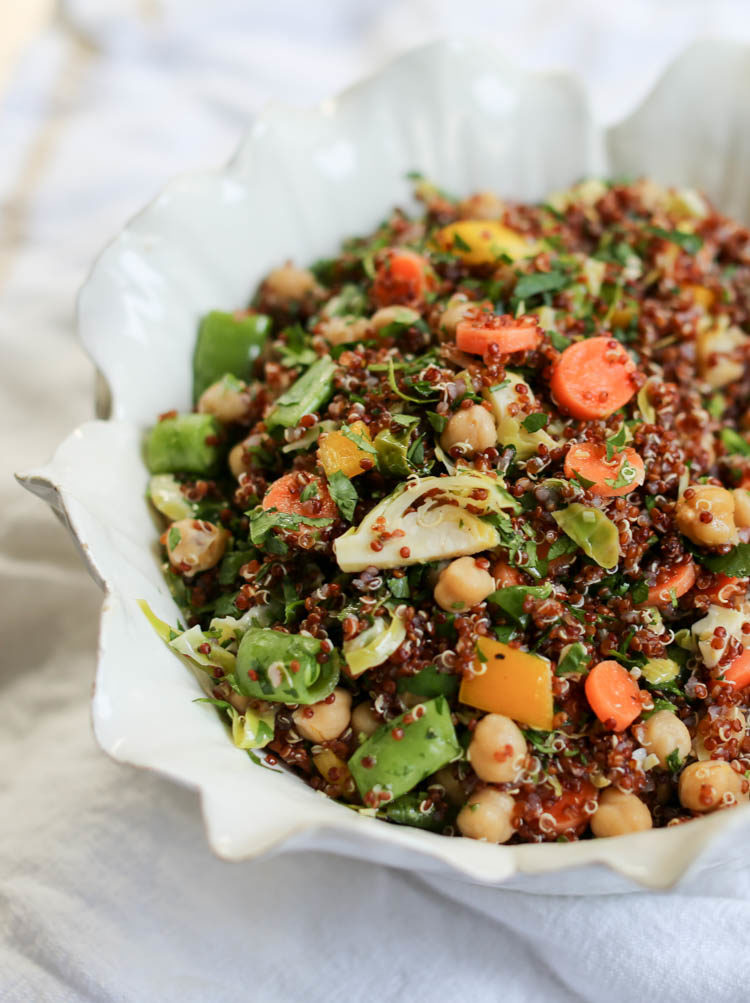 vegan bean and quinoa salad with lemon vinaigrette, brussels sprouts, carrots and herbs - great side or main-dish salad. Keeps several days in the fridge!