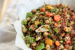 vegan bean and quinoa salad with lemon vinaigrette, brussels sprouts, carrots and herbs - great side or main-dish salad. Keeps several days in the fridge!