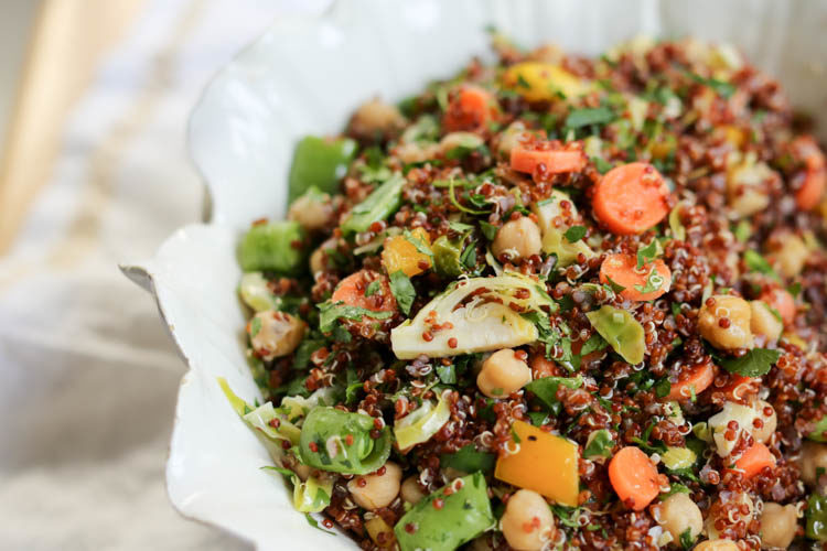 vegan bean and quinoa salad with lemon vinaigrette, brussels sprouts, carrots and herbs - great side or main-dish salad. Keeps several days in the fridge!