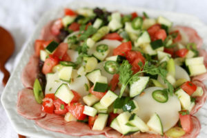 Hearts of Palm Salad with lime and lemon juice, olive oil, tomatoes and cucumber. This is a delicious brunch salad with the addition of chopped boiled eggs