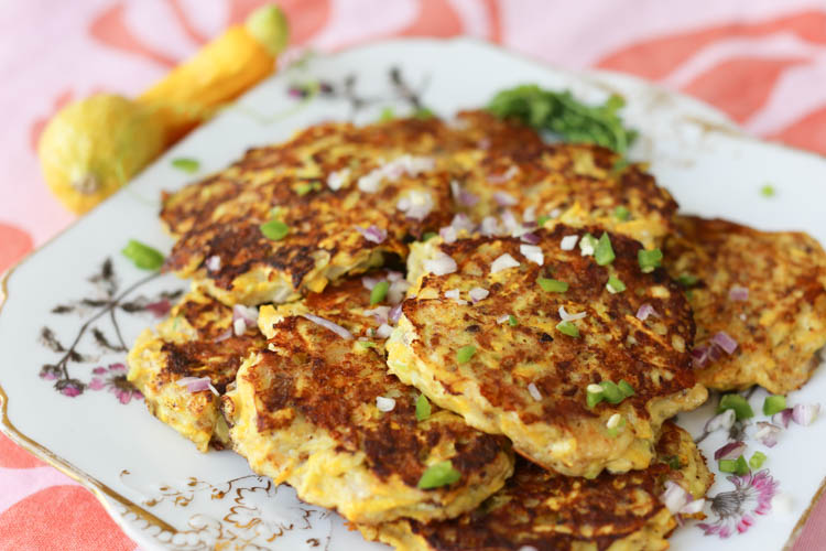 Summer squash fritters with sharp Cheddar and spicy serranos are a quick and easy vegetarian lunch or snack
