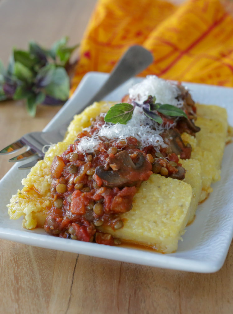 Vegan lentil bolognese sauce with mushrooms - perfect over pasta or polenta for a hearty, healthy vegan main dish. 