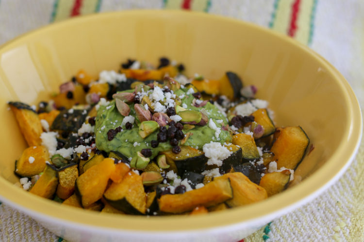 Kabocha squash (pumpkin) salad - roasted kabocha with an avocado dressing, cotija cheese, serve warm or room temperature