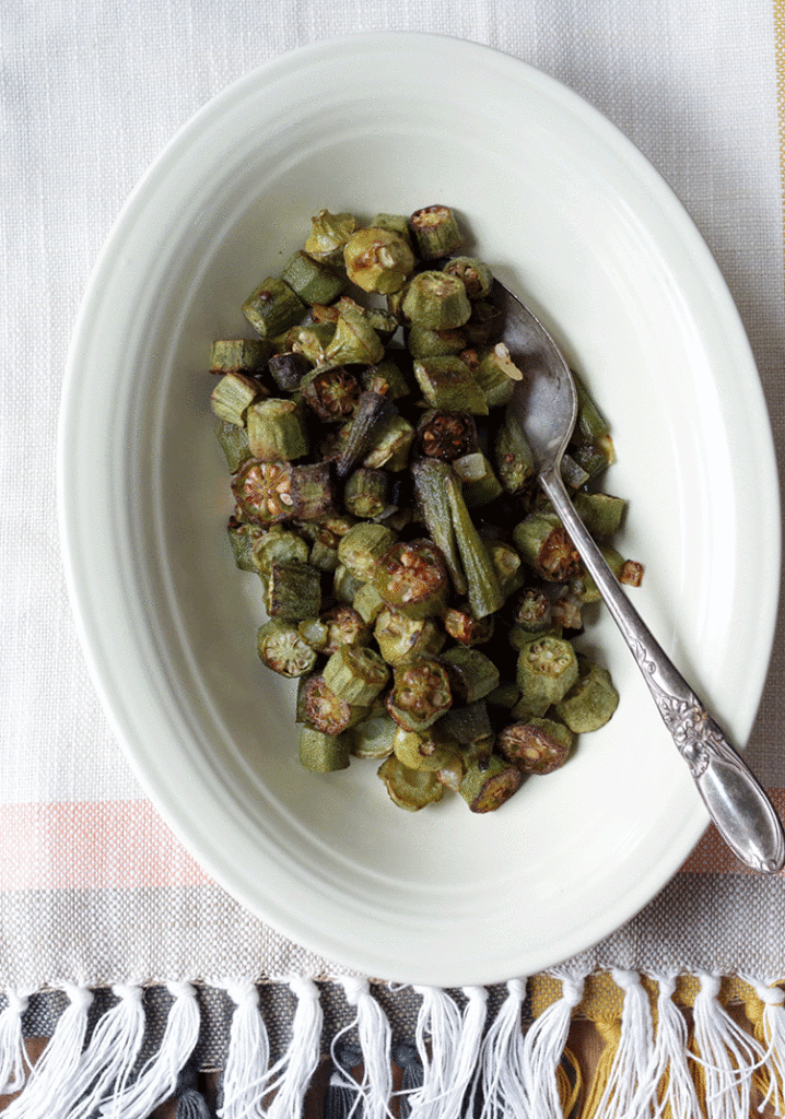 Roasted okra with onion, Serrano Chiles, olive oil and salt
