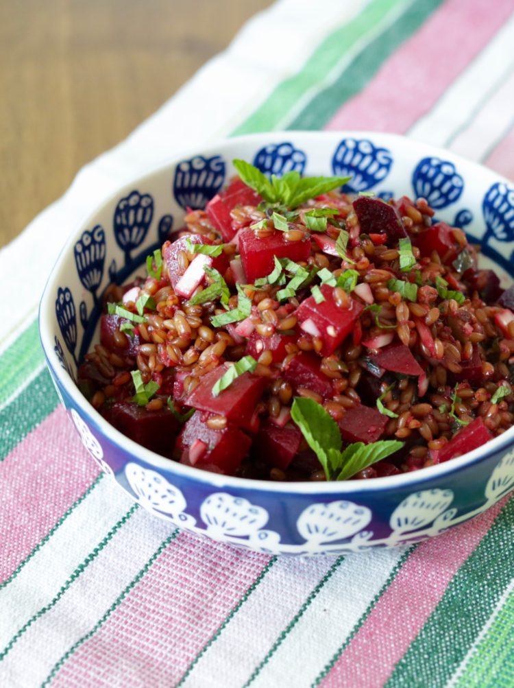 beet and farro salad with mint