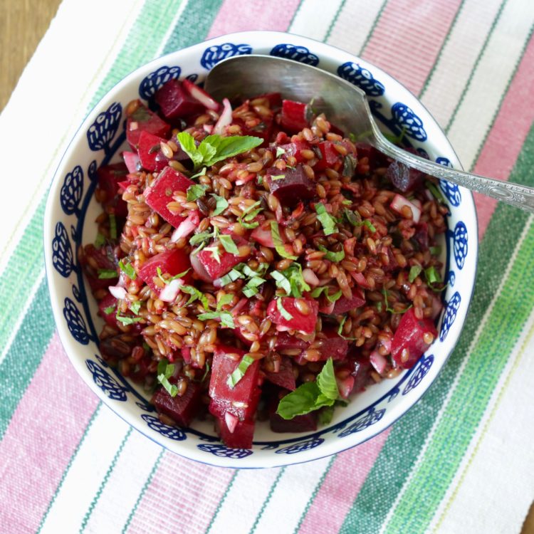 beet and farro salad with mint