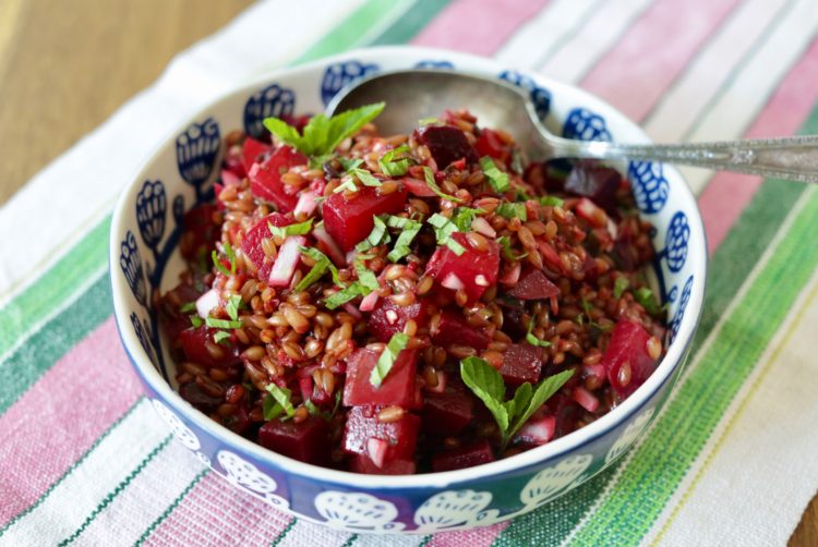 beet and farro salad with mint