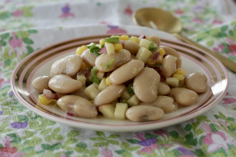 Delicious gigante bean salad with apples, corn, jalapeños and apple cider vinaigrette