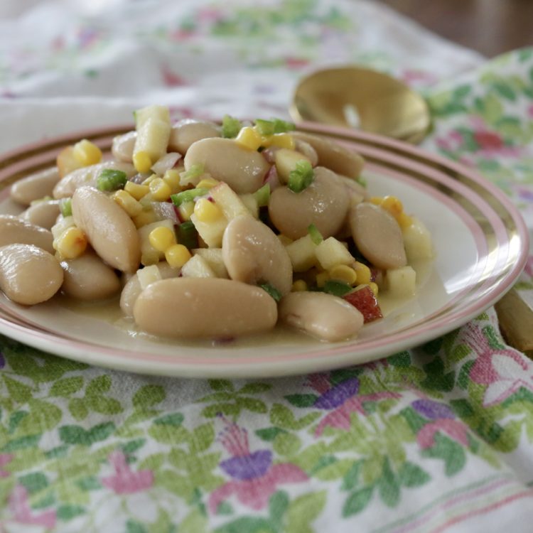 Delicious gigante bean salad with apples, corn, jalapeños and apple cider vinaigrette