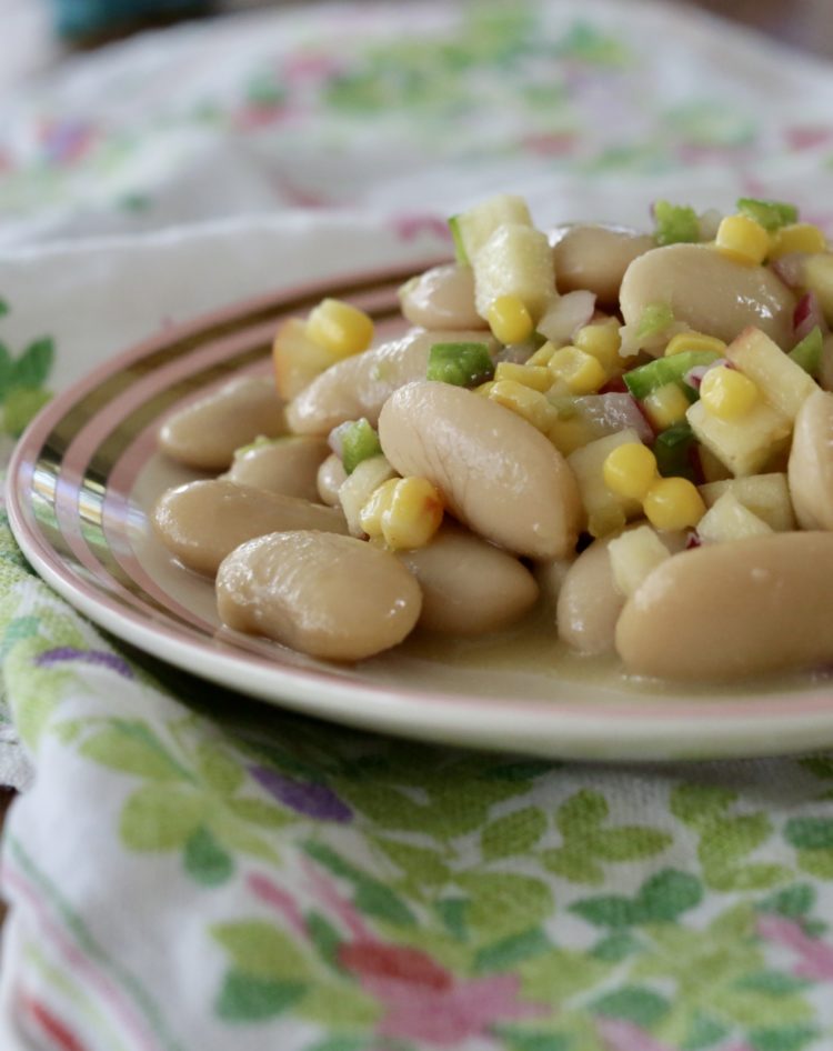 Delicious gigante bean salad with apples, corn, jalapeños and apple cider vinaigrette