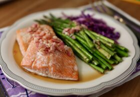 Roasted salmon and asparagus sheet pan dinner with pomegranate mignonette sauce