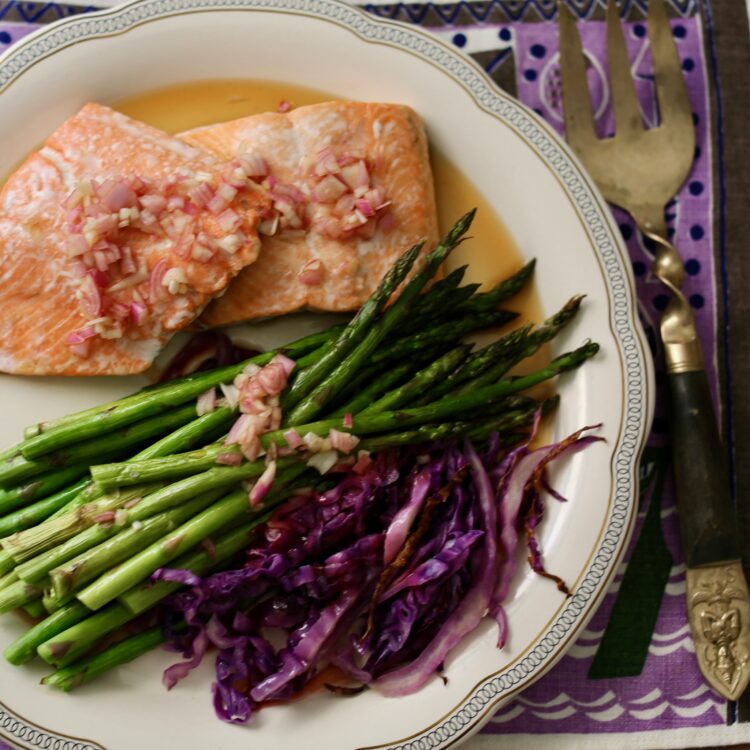 Roasted salmon and asparagus sheet pan dinner with pomegranate mignonette sauce