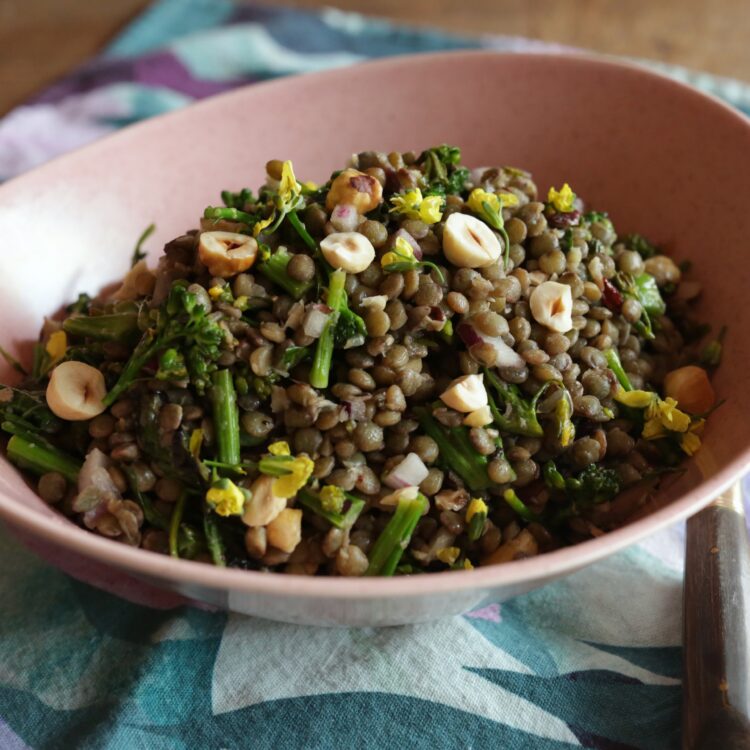 make-ahead lentil salad with broccolini, lemon and hazelnuts in a pink bowl with dramatic lighting