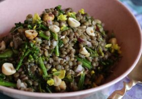 make-ahead lentil salad with broccolini, lemon and hazelnuts