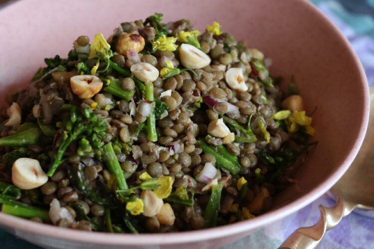 make-ahead lentil salad with broccolini, lemon and hazelnuts sitting in a pink bowl outside on a cloudy day