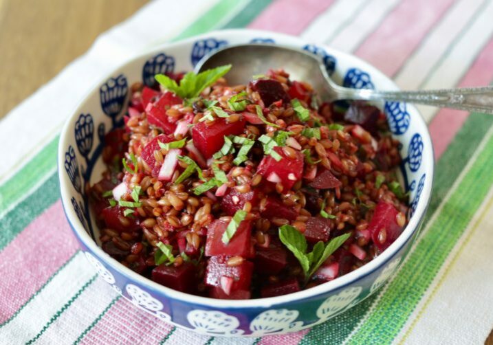 beet and farro salad with mint