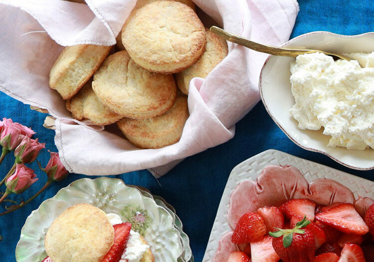 classic strawberry shortcake with sweet cream biscuits, marinated strawberries and fresh whipped cream