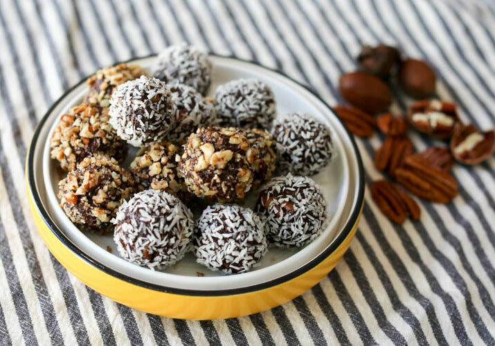 Healthy-ish no-cook German Chocolate Truffles are sweetened with only maple syrup and are full of good coconut oil, pecans and cocoa powder
