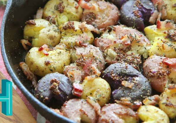 Smashed Roasted Potatoes with Bacon, Mustard and Thyme